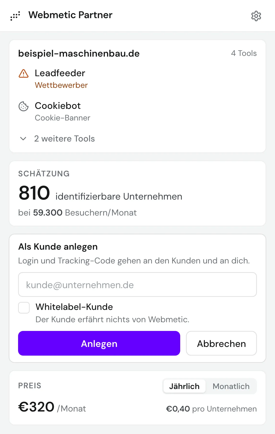 Formular „Als Kunde anlegen“ mit E-Mail-Feld und Whitelabel-Haken