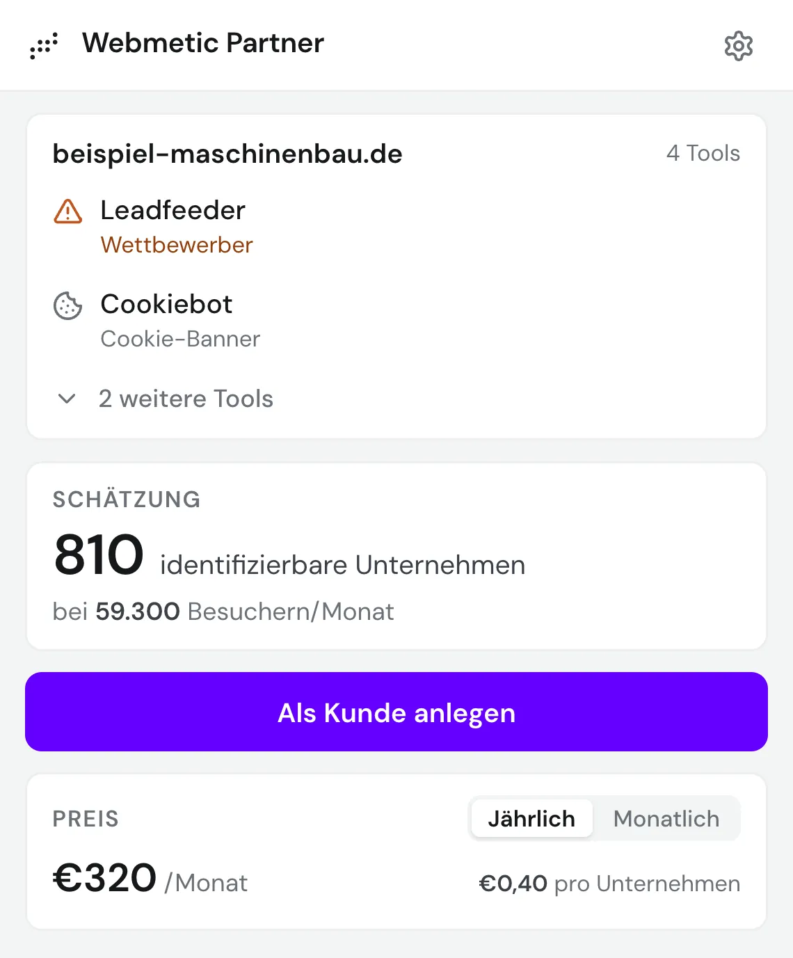 Das Webmetic Partner Plugin zeigt für eine Website die identifizierbaren Unternehmen, den Preis und den Knopf zum Anlegen als Kunde